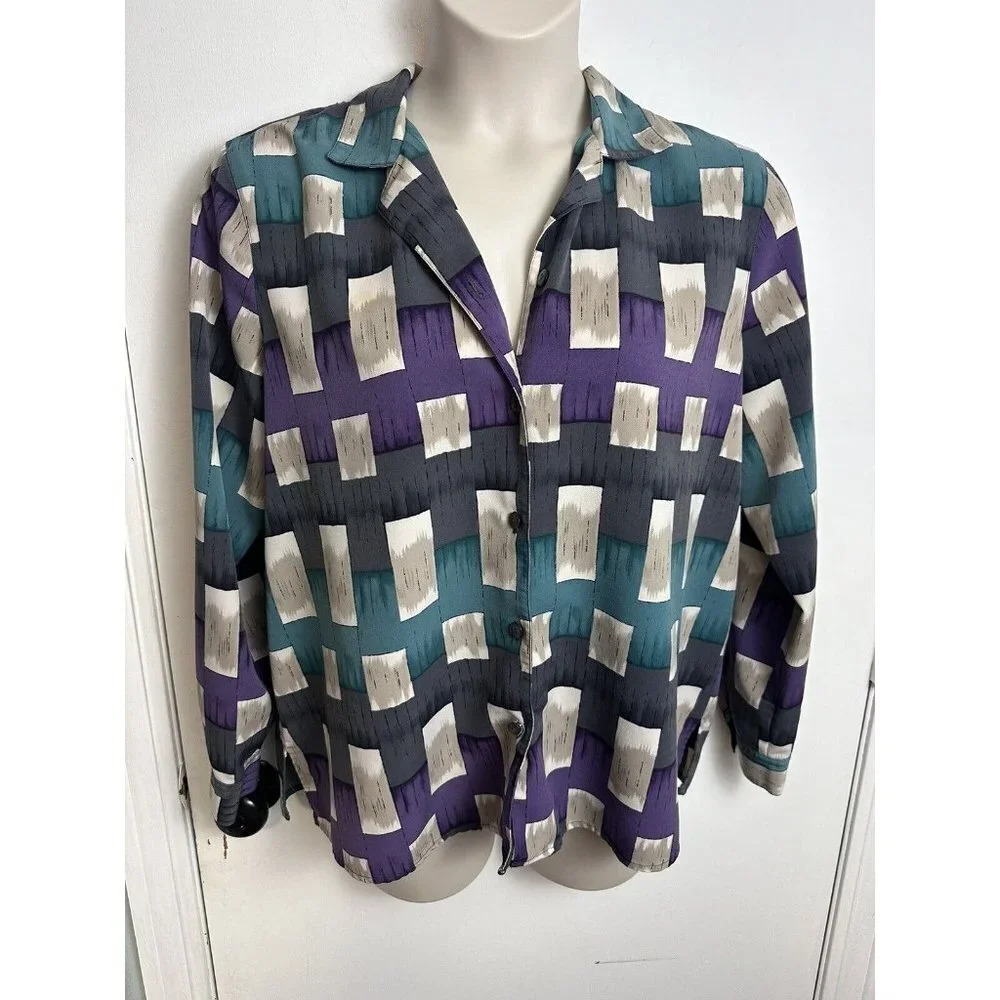 Vintage 80's Alfred Dunner Chinese Crepe Geometric Square Print Blouse Size 18